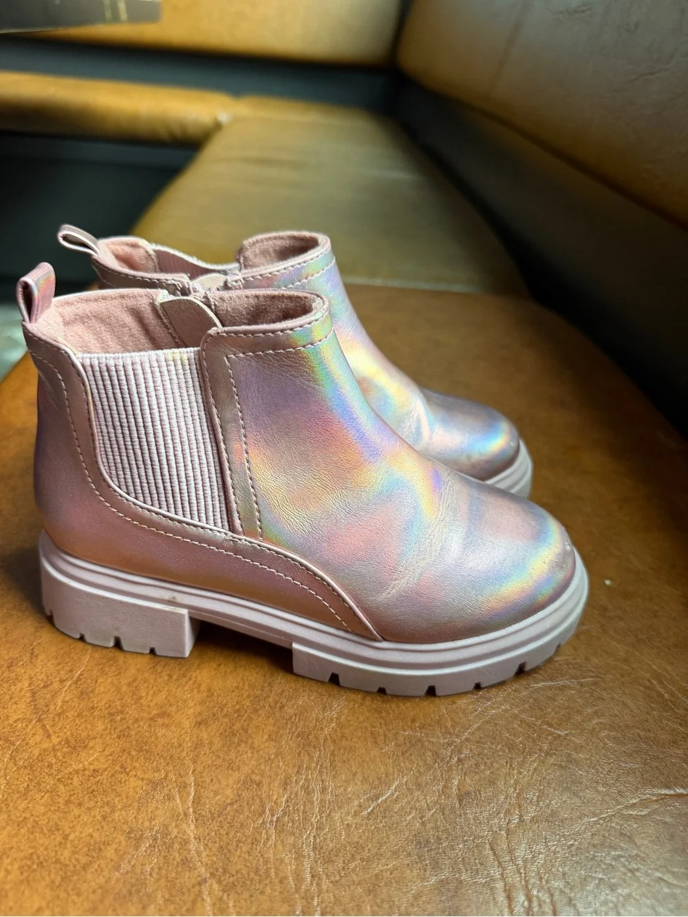 Girls' Iridescent Pink Chelsea Boots with Easy Slip-On Design size 11.